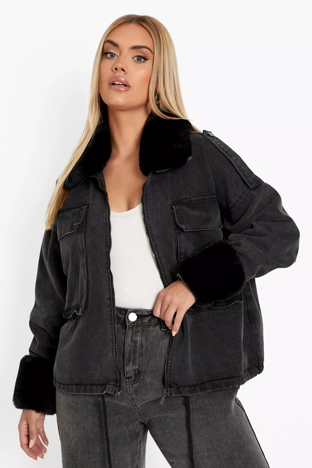 Faux fur best sale black denim jacket